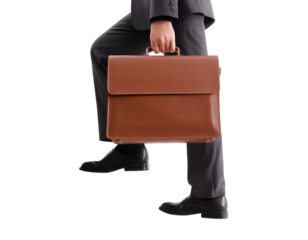 Businessman in Suit with Leather Briefcase Walking Forward isolated on a transparent background