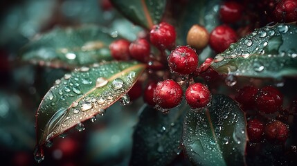 Close-up of a tight cluster of vibrant red holly berries with water droplets on dark green leaves against a soft blurred blue-green background. Fresh, rain, nature, macro
