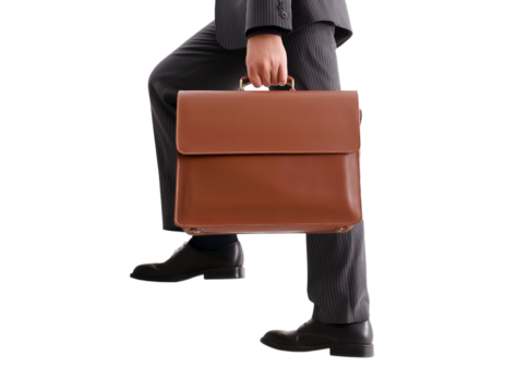 Businessman in Suit with Leather Briefcase Walking Forward isolated on a transparent background