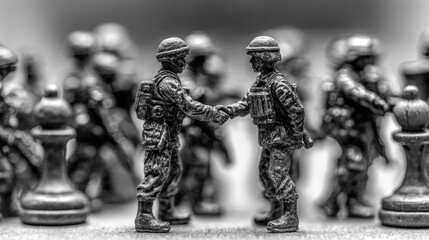 Miniature soldiers shaking hands amidst a group.