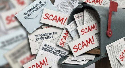 Mailbox overflowing with scam mail and fraudulent letters. Concept of financial scam, identity theft, and spam messages.