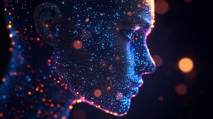 A side profile of a human face rendered as a digital particle network.