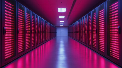 Modern data center hallway displays active computer server racks emitting bright red glow, symbolizing powerful digital information processing and technology.
