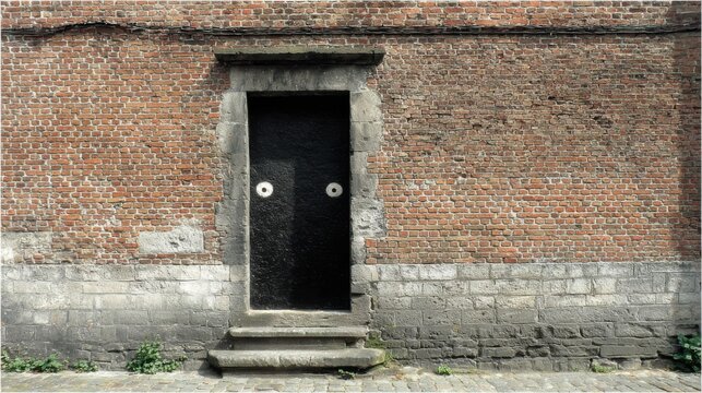 Une porte myst&eacute;rieuse avec des yeux intriguants sur un mur de briques anciennes