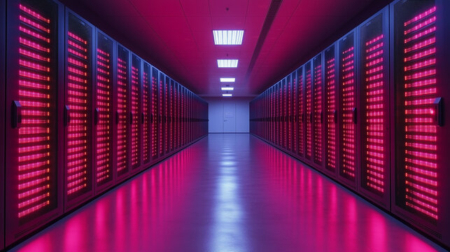 Modern data center hallway displays active computer server racks emitting bright red glow, symbolizing powerful digital information processing and technology.