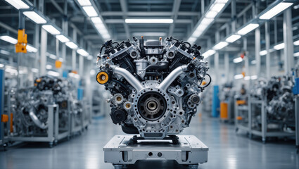 A large, complex car engine sits prominently in the center of a bright, modern automotive factory, surrounded by industrial equipment and assembly stations, showcasing engineering excellence.
