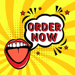 Comic book explosion with text Оrder now, vector illustration. Vector bright cartoon illustration in retro pop art style. Оrder now in pop art style. Creative poster, web banner