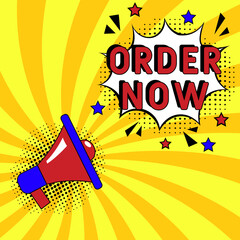 Comic book explosion with text Оrder now, vector illustration. Vector bright cartoon illustration in retro pop art style. Оrder now in pop art style. Creative poster, web banner
