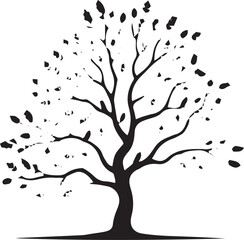Artistic silhouette of a bare tree with falling leaves in autumn or winter