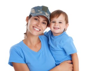 Smiling Military Mother Embraces Her Happy Child isolated on a transparent background