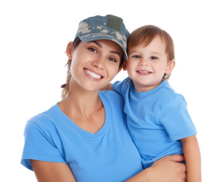 Smiling Military Mother Embraces Her Happy Child isolated on a transparent background - Powered by Adobe