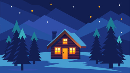 Naklejka premium Cabin in the woods at night under stars