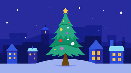 Fototapeta premium Christmas tree in a snowy town at night