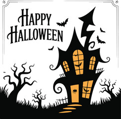 Silhouette halloween scene with haunted houses trees and bats under a full moon spooky and festive design