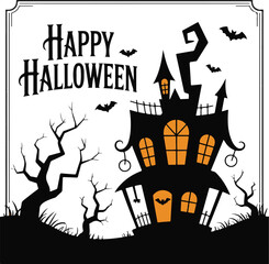 Silhouette halloween scene with haunted houses trees and bats under a full moon spooky and festive design