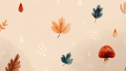 Obraz premium Rough Japanese Autumn Maple Leaves and Mushrooms with Rainy Gritty Texture for Wabi Sabi Seasonal Transformation 