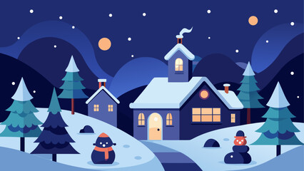 Winter night scene with houses and snowmen