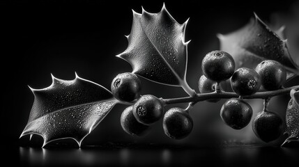 Black and white close-up of a holly branch with water-covered serrated leaves and berries on a deep black background. Dramatic, textural, natural