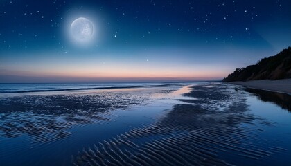 Calm Night At The Beach With Moonlight Illuminating Sparkling Water Under A Clear Sky