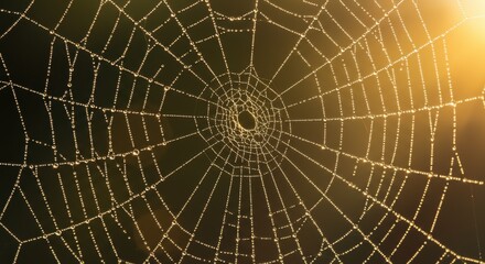 Delicate spiderweb, adorned with morning dew, radiates intricate beauty against a dark backdrop.