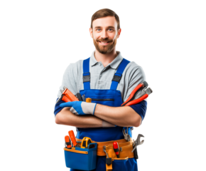 Smiling Handyman Ready for Work with Essential Tools and Confident Pose isolated on a transparent background