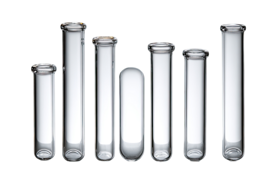 Several clear glass test tubes of varying heights and diameters