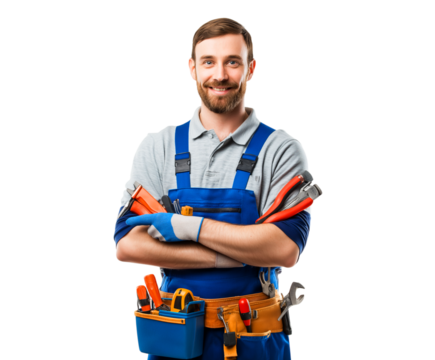 Smiling Handyman Ready for Work with Essential Tools and Confident Pose isolated on a transparent background