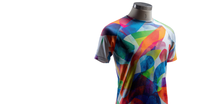 Vibrant multicolored t-shirt with an abstract overlapping watercolor-style print on a mannequin.