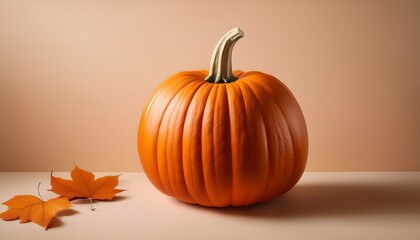 Bright Orange Pumpkin Resting On A Soft Beige Surface Ideal For Seasonal Decorations And Autumn Crafts