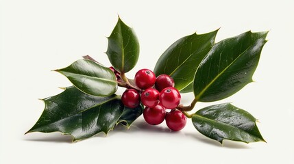 European holly branch with clusters of bright red berries and glossy spiny leaves isolated on clean white background. Christmas decor, natural element, holiday symbol