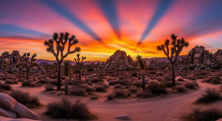 Vibrant Desert Sunset Landscape with Silhouetted Joshua Trees.