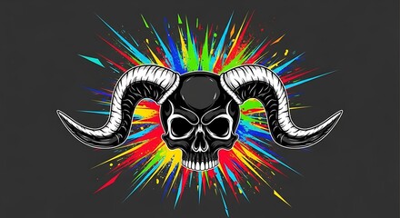 A striking black and white skull with vibrant colorful splashes, set against a dark gray background, exudes a rebellious and edgy mood.