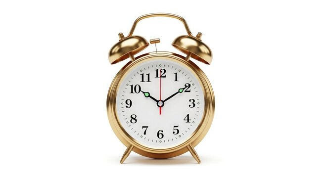 Golden alarm clock showing ten past two on a white background time management tool - Powered by Adobe