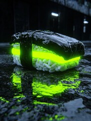 hyperrealistic nigiri sushi poster: cinematic macro shot with neon-green wasabi – perfect for sporty interiors and culinary art enthusiasts!