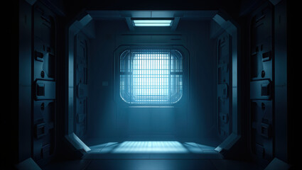 A futuristic, empty corridor with metallic walls and geometric shapes is illuminated by beams of blue light streaming through a large window at the end.