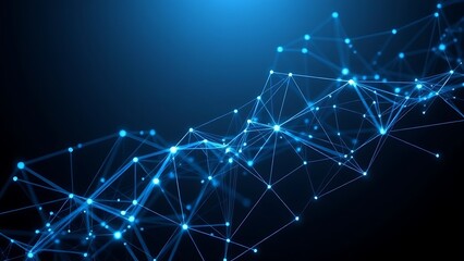 Abstract network of connected nodes and flowing lines in blue and silver on a dark background.