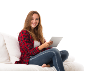 Happy Young Woman Relaxing with Digital Tablet on Sofa isolated on a transparent background