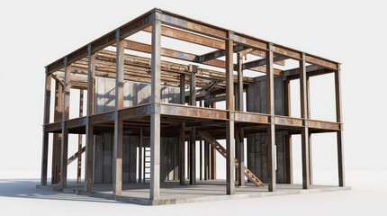 Obraz premium Modern industrial building framework under construction with exposed beams and scaffolding