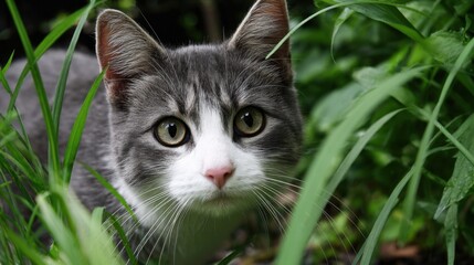 Fototapeta premium A gray and white cat with bright eyes is curiously peeking through tall green grass in a vibrant garden. The sunlight highlights its soft fur as it investigates its surroundings.