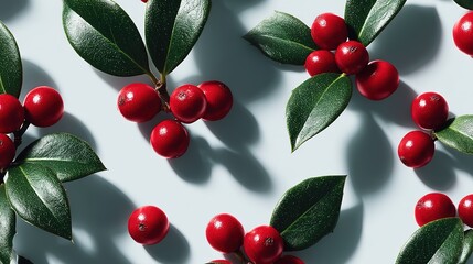 Dark green spotted leaves and red berry clusters on light blue-gray background with shadows. Nature, pattern, fresh, still life