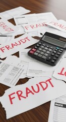 Financial fraud concept with calculator and documents on a table. Crime prevention and detection of illegal activity. Protection from scams.