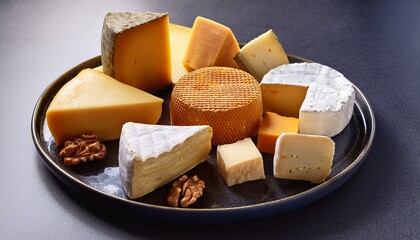 Fototapeta premium Assorted Gourmet Cheeses On Plate With Honeycomb And Shapes