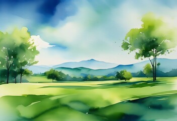Fototapeta premium Watercolor painting of a vibrant green landscape with trees and a blue mountain range under a cloudy sky.