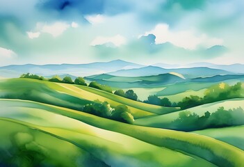 Watercolor painting of rolling green hills under a blue and cloudy sky, depicting a serene landscape.