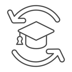 Two arrows and student hat thin line icon, student exchange program concept. Vector graphics. Graduate cap, education sign on white background, outline style icon for mobile or web design.