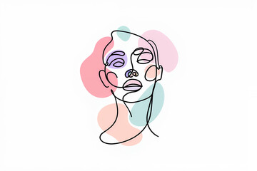 Obraz premium Abstract continuous line drawing of a woman's face with pastel color splashes.