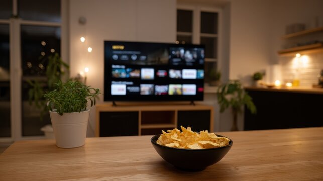 Cozy Home Entertainment Setup with TV and Snacks for Perfect Movie Night Experience