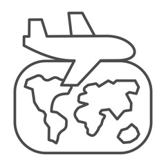 World map and plane thin line icon, traveler survey concept. Vector graphics. Airplane flight all over the world sign on white background, outline style icon for mobile or web design.