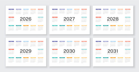 Calendar template in Spanish language for 2026, 2027, 2028, 2029, 2030, 2031 years, Set of annual on Spanish language calendar templates