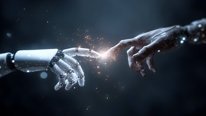 Robot hand touches human hand in a dark, futuristic setting, symbolizing connection and the future of technology, creating a sense of wonder and technological advancement.